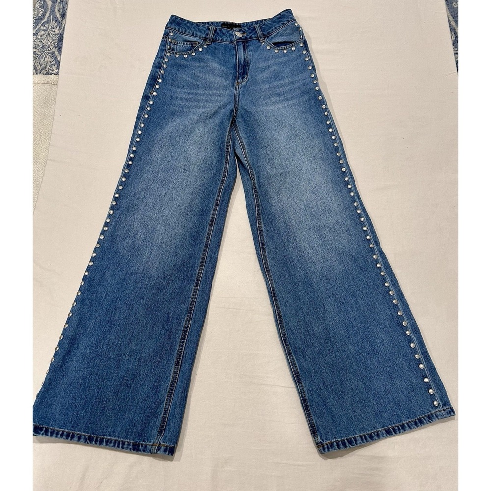 House Of Harlow Women's High Rise Wide Leg Blue Jeans Size 2 Studded Outline